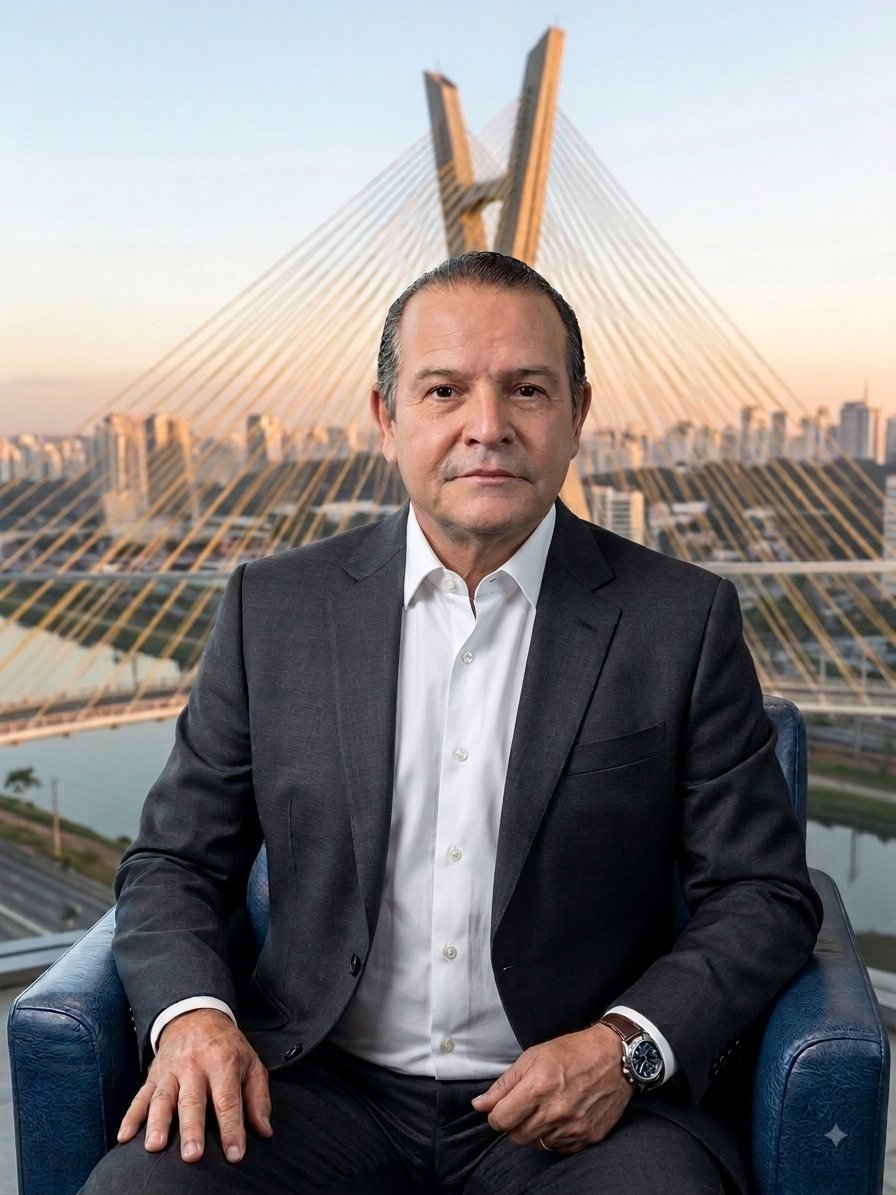 Fernando Horta, head da Tineu, sentado, com a Ponte Estaiada de São Paulo ao fundo