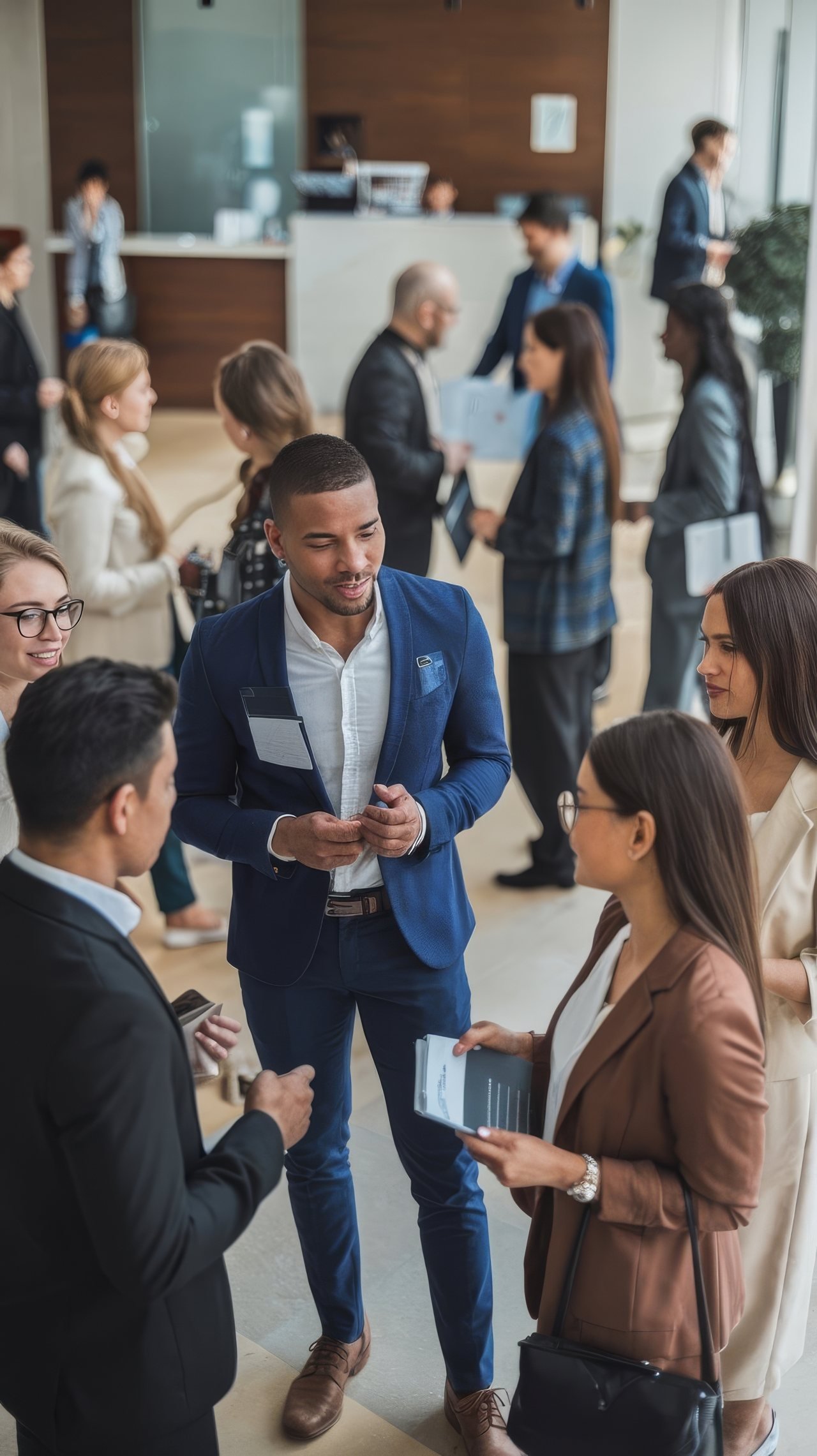 Grupo de executivos em networking durante evento