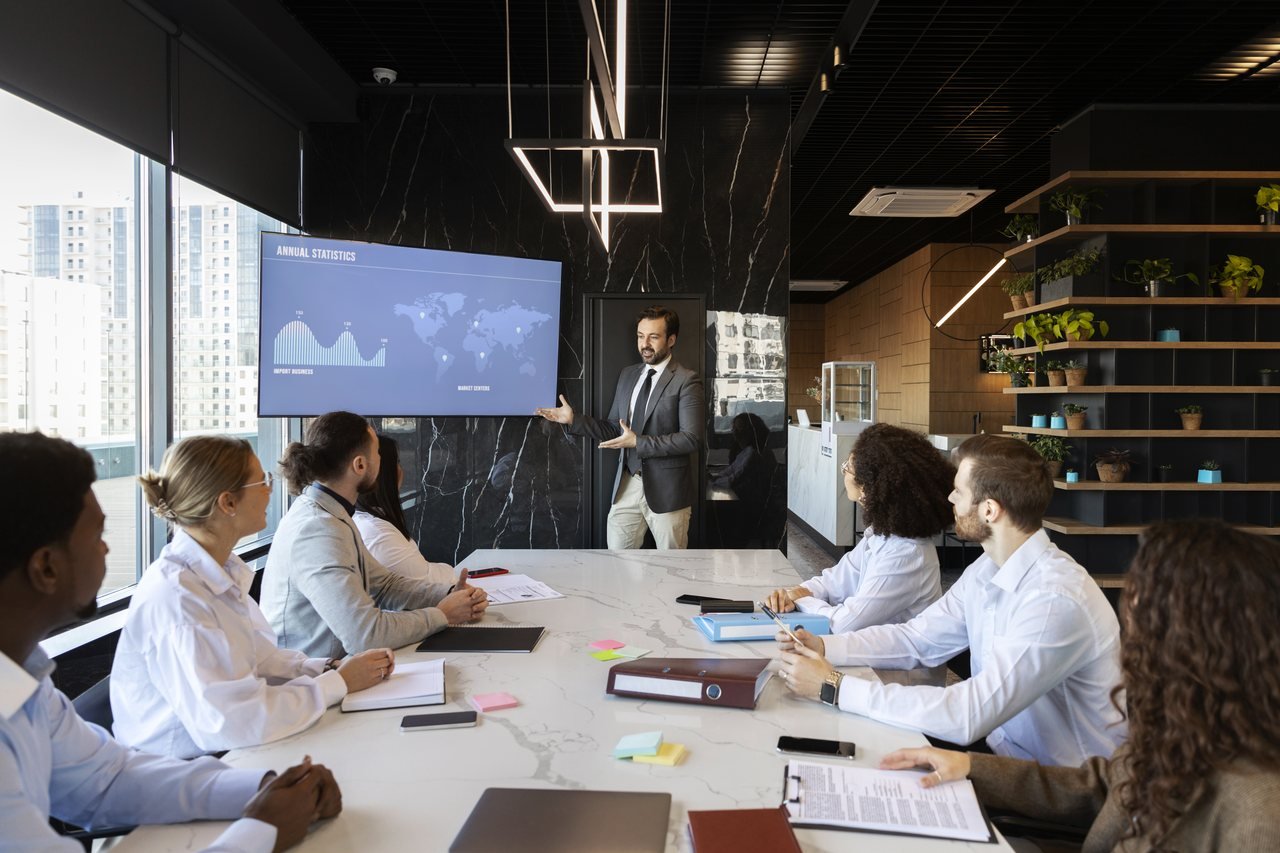Reunião de equipe em sala corporativa com apresentação